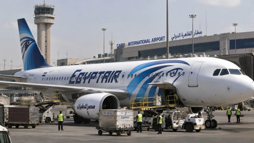 EgyptAir Flight MS804 Crashes in Mediterranean, Killing 66 1 EgyptAir Airbus A320 passenger aircraft parked at Cairo International Airport with ground crew and airport control tower visible in the background.